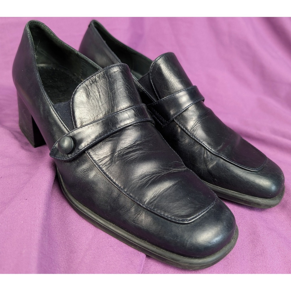 VTG Nickels Soft Black Leather Heel Loafers Pilgram Square Toe Strap Heel 2.25"